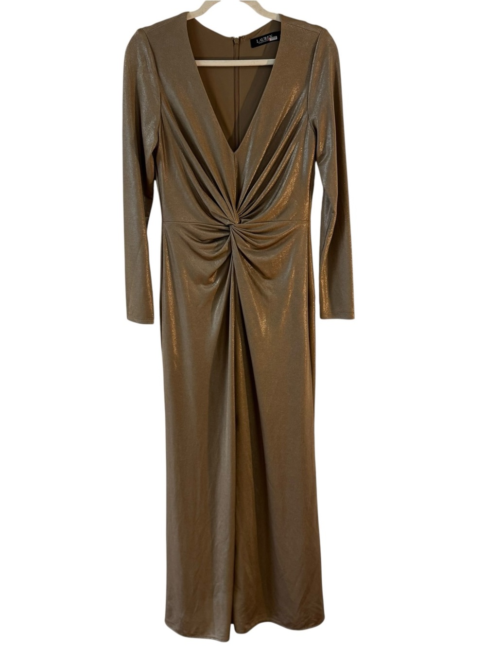 Lauren Ralph Lauren Nadira Metallic Gold Twist Front Gown Dress Size 6 - Picture 3 of 11